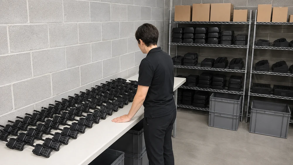 Secura Telecom staff member preparing a fleet of two-way radios at a staffed event radio kiosk, with charging shelves behind