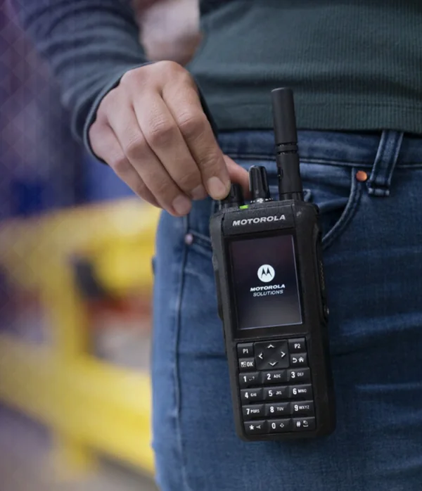 Motorola R7 full keypad two-way radio on a belt, available for rental across Dubai and the UAE
